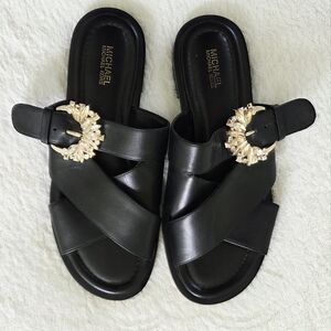 Michael Kors ✨️ Frieda Black Leather Slide Flat Sandals with Gold Buckle Size 8